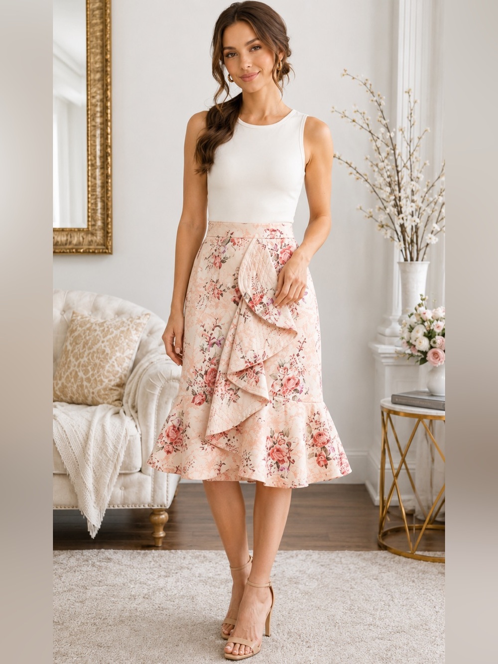 Antonio Melani Toby Floral Ruffle Midi Skirt Size 4 NWT